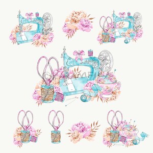Sewing Clipart Karamfila Vintage Sewing Machine Printable Tailors Sublimation PNG Tea Cup Planner Stickers DIY Scissors Romantic Peonies image 4