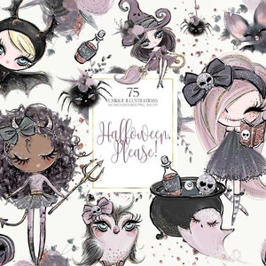 Halloween Clipart Gothic Dolls Halloween Planner Stickers Cute Witch Clipart Glitter Skulls Spooky Characters Ghost Bat Cat Owl Spider