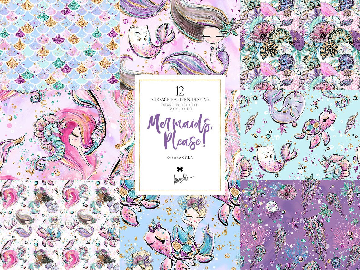 Karamfila's Mermaid Digital Paper, Cute Unicorn Mermaid Fabric Pa…