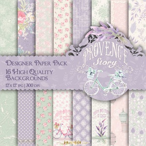 Lavender Mint Digital Paper, Spring Paper Pack Shabby Chic Paper Provence Lavender Printable Backgrounds Polka Dots Bird Cage French Bicycle