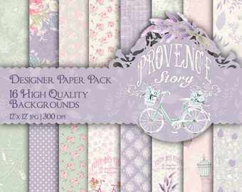 Lavender Mint Digital Paper, Spring Paper Pack Shabby Chic Paper Provence Lavender Printable Backgrounds Polka Dots Bird Cage French Bicycle