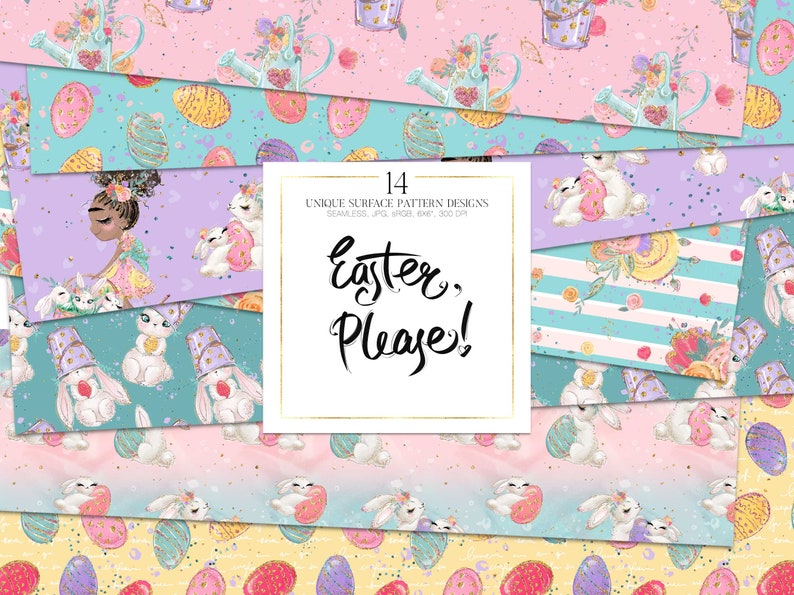 Easter Digital Paper, Spring Patterns, Bunny Digital Paper, Easter Fabric Patterns Spring Planner Paper. Pastel Easter Collection image 1