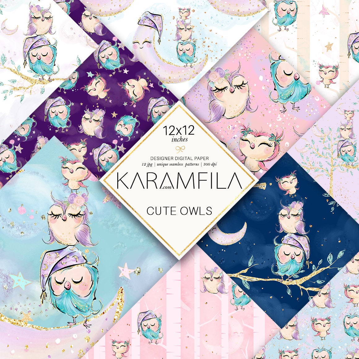 Owls Digital Paper Pack, Cute Owl Patterns, Baby Owls Paper, Owl Part…