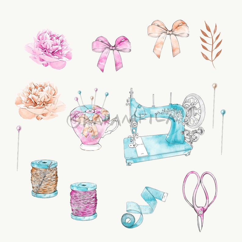 Sewing Clipart Karamfila Vintage Sewing Machine Printable Tailors Sublimation PNG Tea Cup Planner Stickers DIY Scissors Romantic Peonies image 3