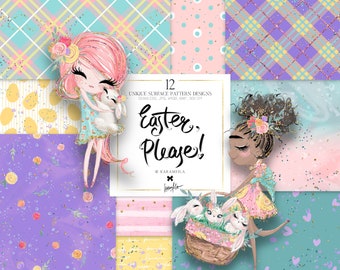 Easter Basic Patterns, Spring Digital Paper, Pastel Gingham Patterns, Spring Fabrics. Karamfila's Easter Bunnies Spring Flowers Collection.