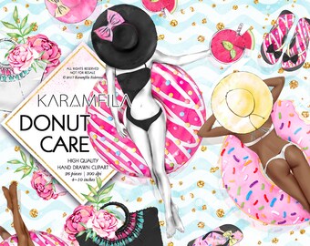 Beach Clipart Summer Clipart Fashion Illustration Donuts Clipart Donut Care Fashion Clipart Donut Float Watercolor Clip Art Planner Supplies