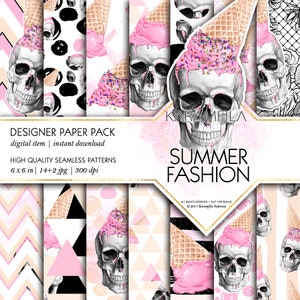 Skull Digital Paper Ice-Cream Seamless Patterns Summer Paper Watercolor Fashion Gothic Birthday Party Digital Paper Pink Planner Stickers