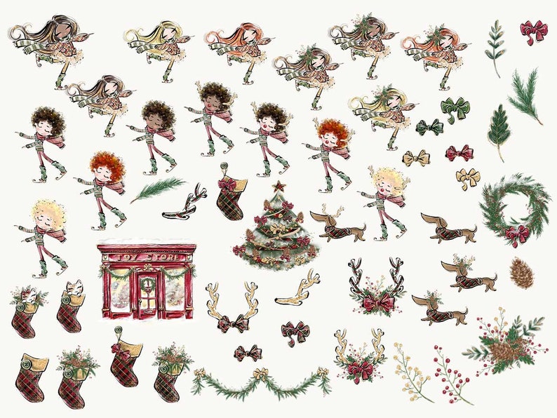 Christmas Clipart, Toy Store Christmas Planner Stickers, Glitter Xmas Ice Skating Boy Cats Dogs Print on Demand Illustrations. image 2