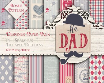 Fathers Day Digital Paper Best Dad Printable Seamless Patterns Family Day Backgrounds Retro Mustache Pipe Little Men Navy Dark Red DIY Pack