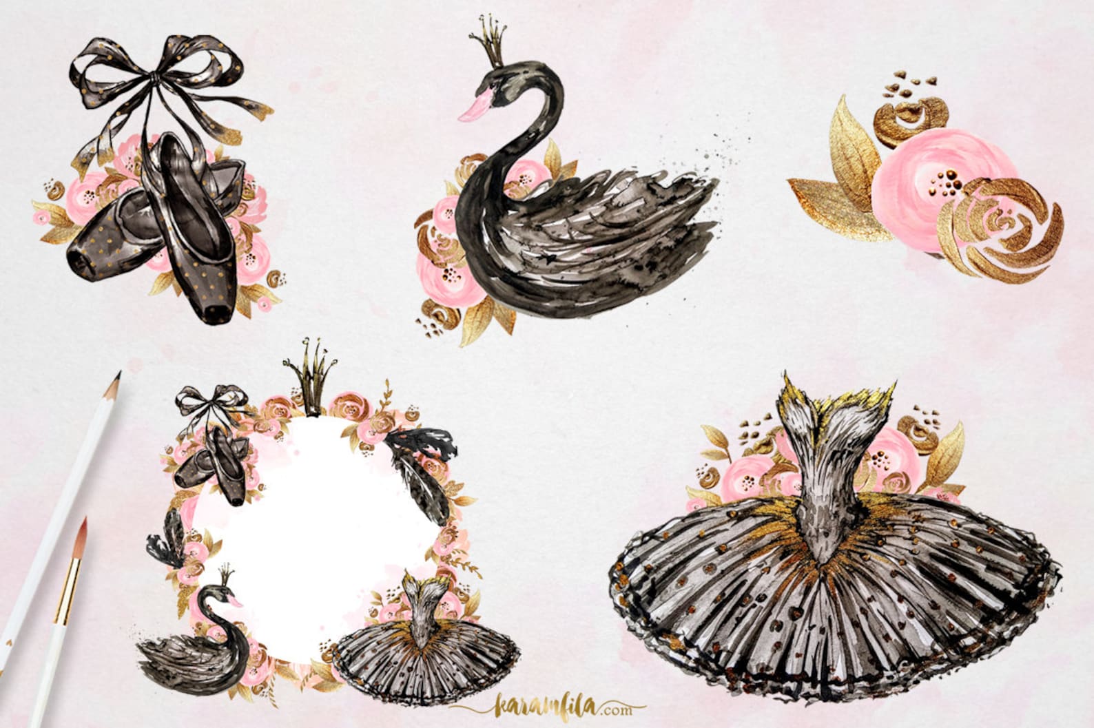 ballerina clipart black swan lake watercolor ballet illustration handpainted pointe shoes tutu dress feather crown gold glitter