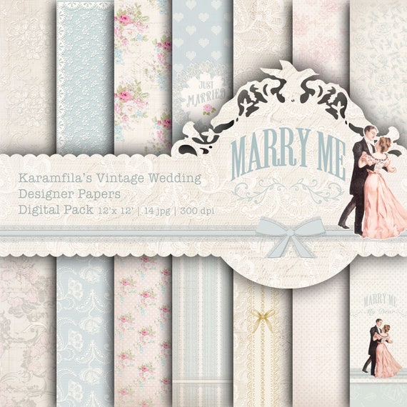 Wedding Digital Paper Pack, Vintage Wedding Scrapbook Paper