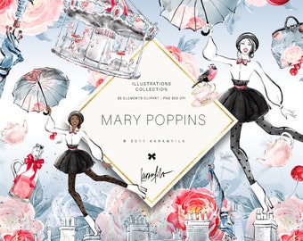 Mary Poppins Clipart, Carousel Clipart, London Clipart Fashion Planner Clipart, Fairytale Stickers DIY Clipart, Watercolor Peonies Clipart.