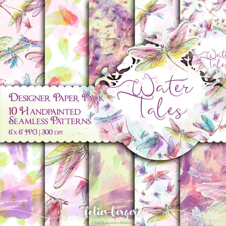 Watercolor Digital Paper Colorful Dragonflies Handpainted Seamless Pa…
