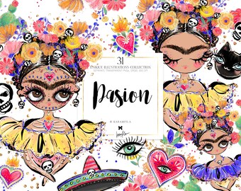 Karamfila's Frida Clipart, Mexican Clipart, Sugar Skulls Clipart, Whimsical Boho Fashion Planner Stickers, Planner Dolls Clipart.