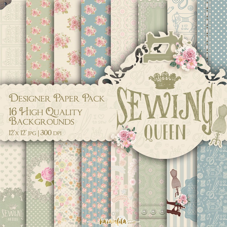 Crafter Digital Paper Tailor Paper Pack Shabby Chic Paper Sewing Patterns Printable Victorian Roses Backgrounds Sewing Clipart Cute Button