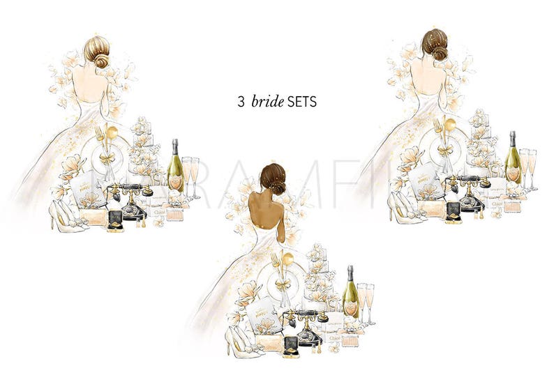 Wedding Clipart Bride and Groom Clipart Magnolia Clipart Peach Wedding Fashion Illustration Wedding Accessories Bridal Planner Stickers image 6