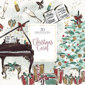 Christmas Music Clipart, Piano Player Planner Stickers, Glitter Xmas Music Notes Sublimation Images Print Demand Illustrations