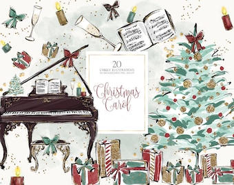 Christmas Music Clipart, Piano Player Planner Stickers, Glitter Xmas Music Notes Sublimation Images Print Demand Illustrations