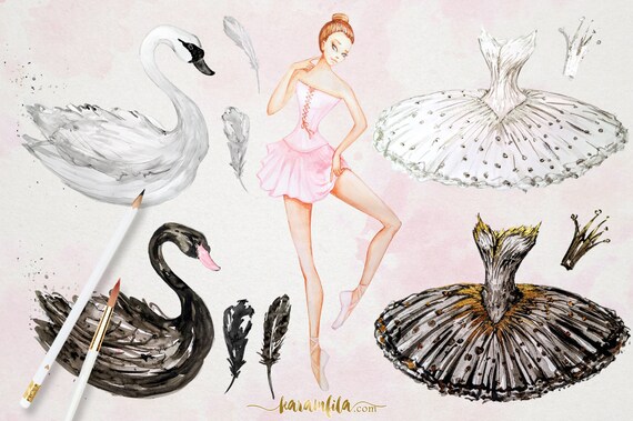 Watercolor Ballerina Clipart White Black Swan Lake - Etsy Denmark