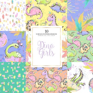 Dino Girls Digital Paper, Dinosaurs Patterns Dino Planner Stickers Paper Glitter Baby Girl Custom Fabrics Surface Pattern Design