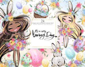 Easter Clipart, Bunny Fairy Planner Easter Stickers, Glittering Easter Eggs Fabric Surface Patterns.