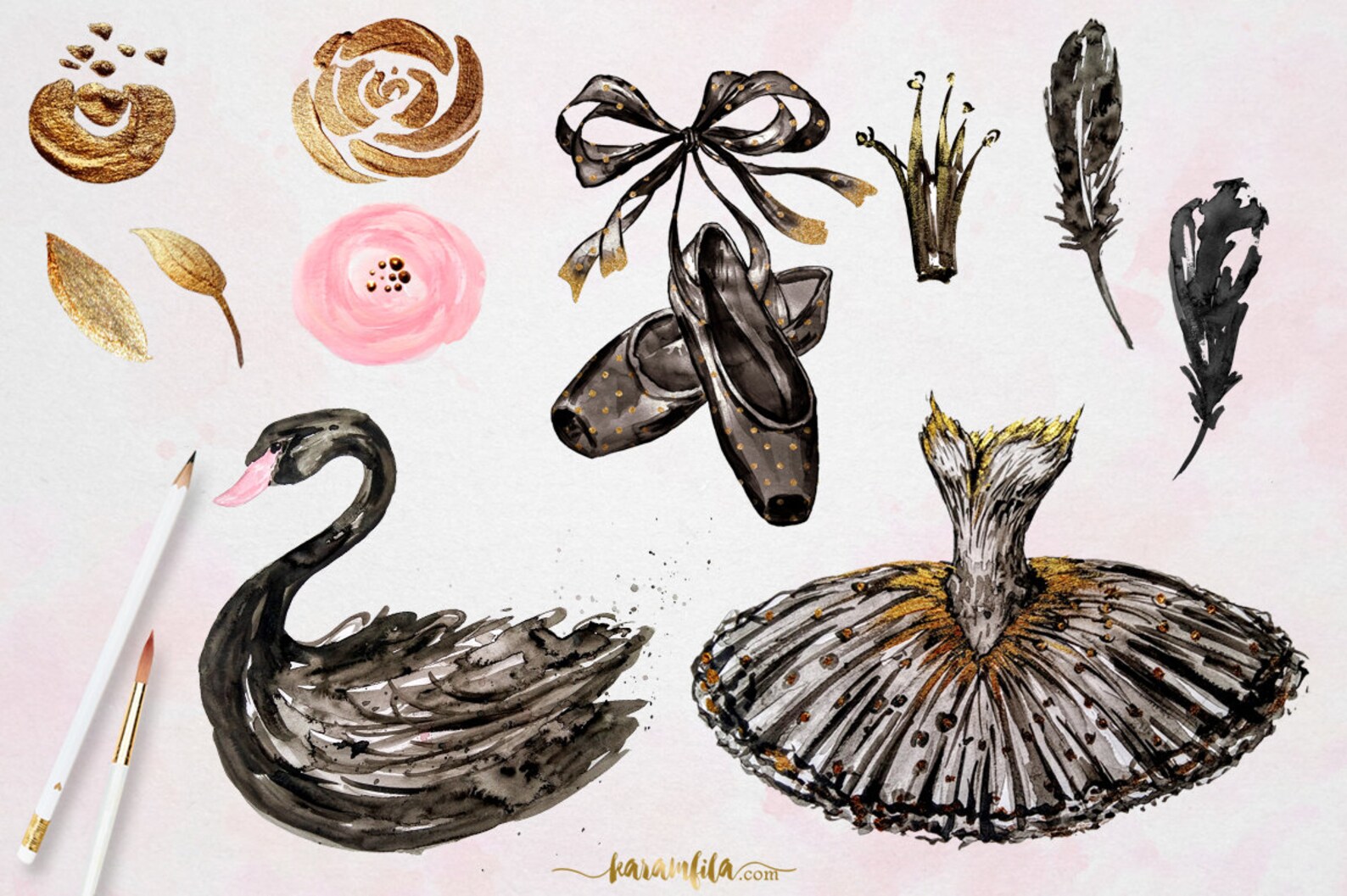ballerina clipart black swan lake watercolor ballet illustration handpainted pointe shoes tutu dress feather crown gold glitter