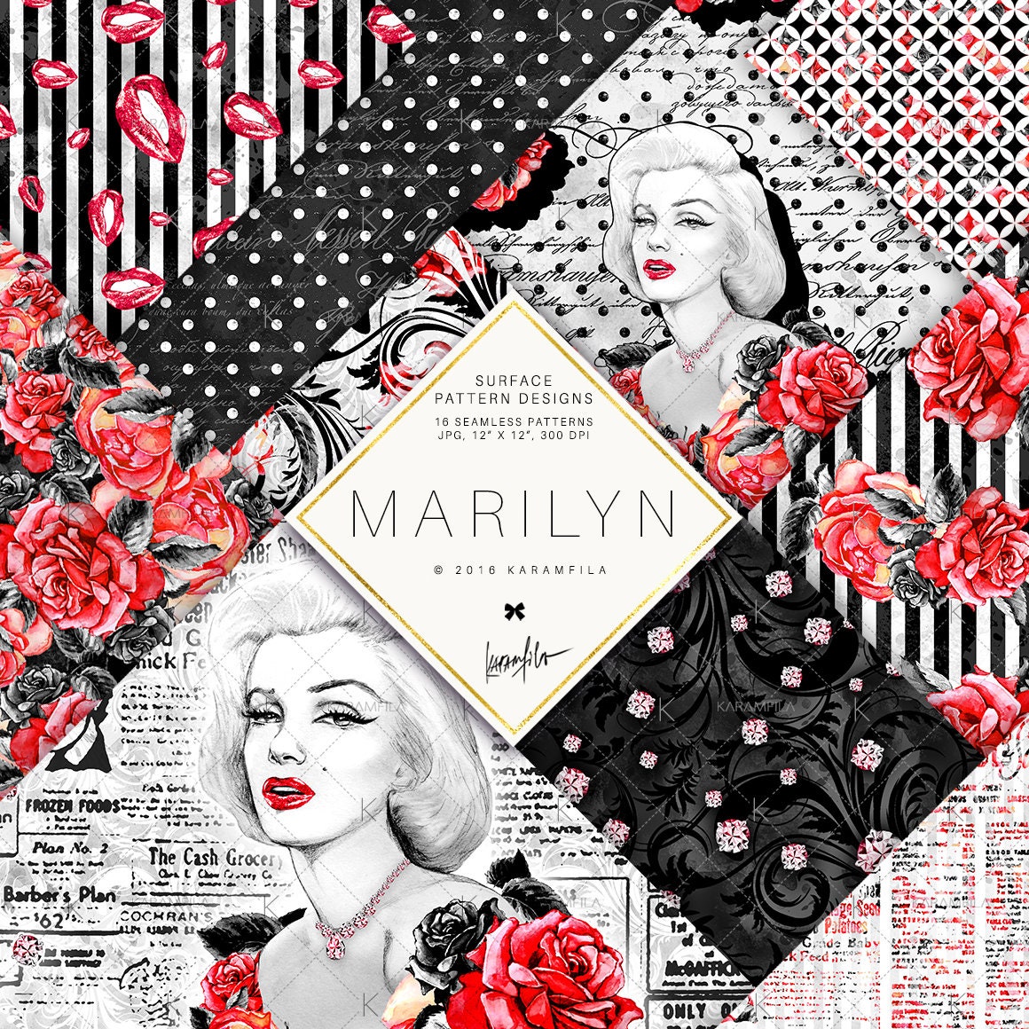 Hollywood Paper Pack Marilyn Monroe Feminine Fashion Watercolor Peoni…