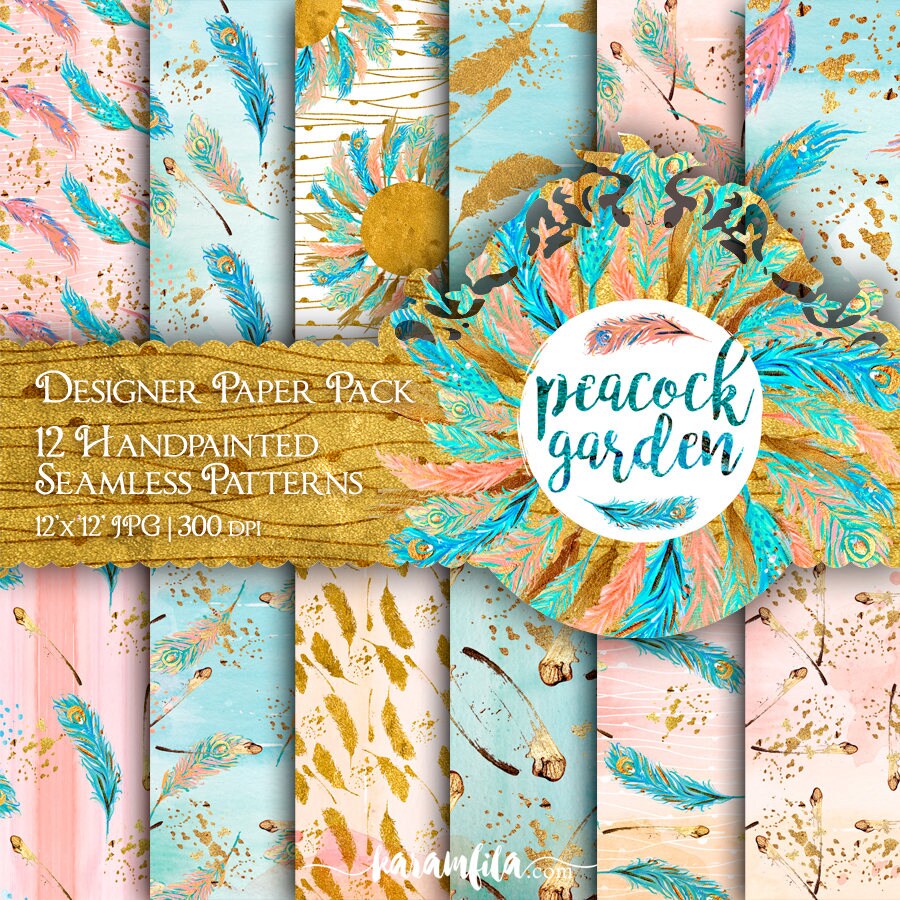 Handpainted Digital Paper Feathers Peach Mint Gold Glitter Turquoise …