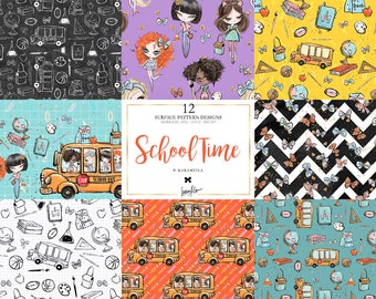 Back to School Digital Paper Back to School Patterns Chalkboard Pattern School Bus Cute School Girls Planner Stickers Back to School Fabrics