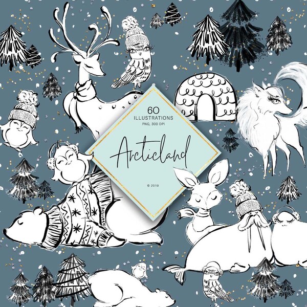 Winter Woodland Clipart, Arctic Animals Doodle Clipart, Scandinavian Planner Christmas Stickers, Children's Doodle Art Drawings.