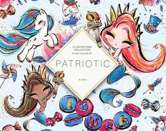 4th of July Mermaids and Unicorns Clipart, Patriotic Clipart, 4th of July Stickers, Independence Day Clipart, 4th of July Fabric