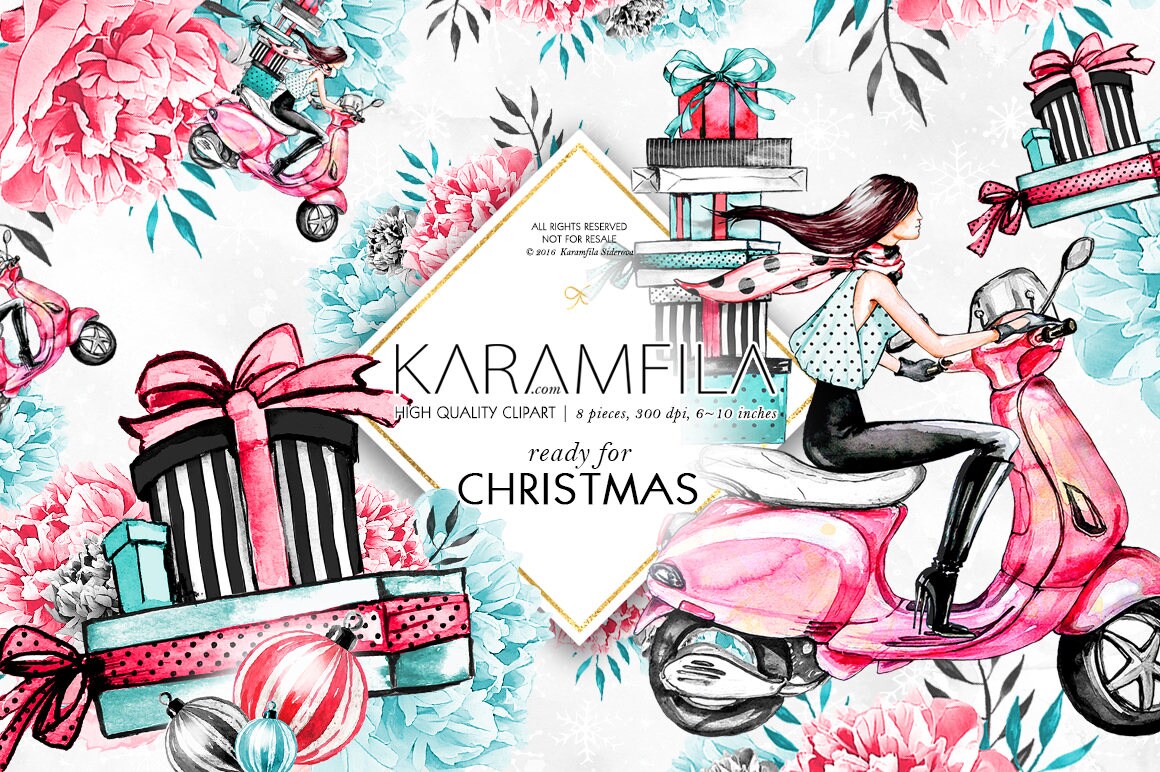 Fashion Christmas Clipart Watercolor Illustrations Vintage Scooter Sh…
