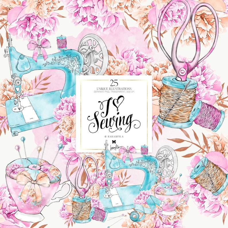 Sewing Clipart Karamfila Vintage Sewing Machine Printable Tailors Sublimation PNG Tea Cup Planner Stickers DIY Scissors Romantic Peonies image 1