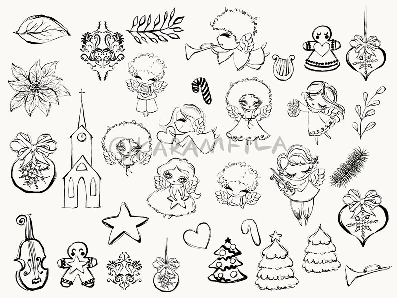 Christmas Doodle Clipart Karamfila's Christmas Angels | Etsy