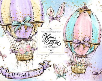 Luxury Easter Egg Hot Air Ballon Bunny Clipart Karamfila Fashion Illustrations Planner Stickers Cartoon Sublimation PNG POD Party Supplies
