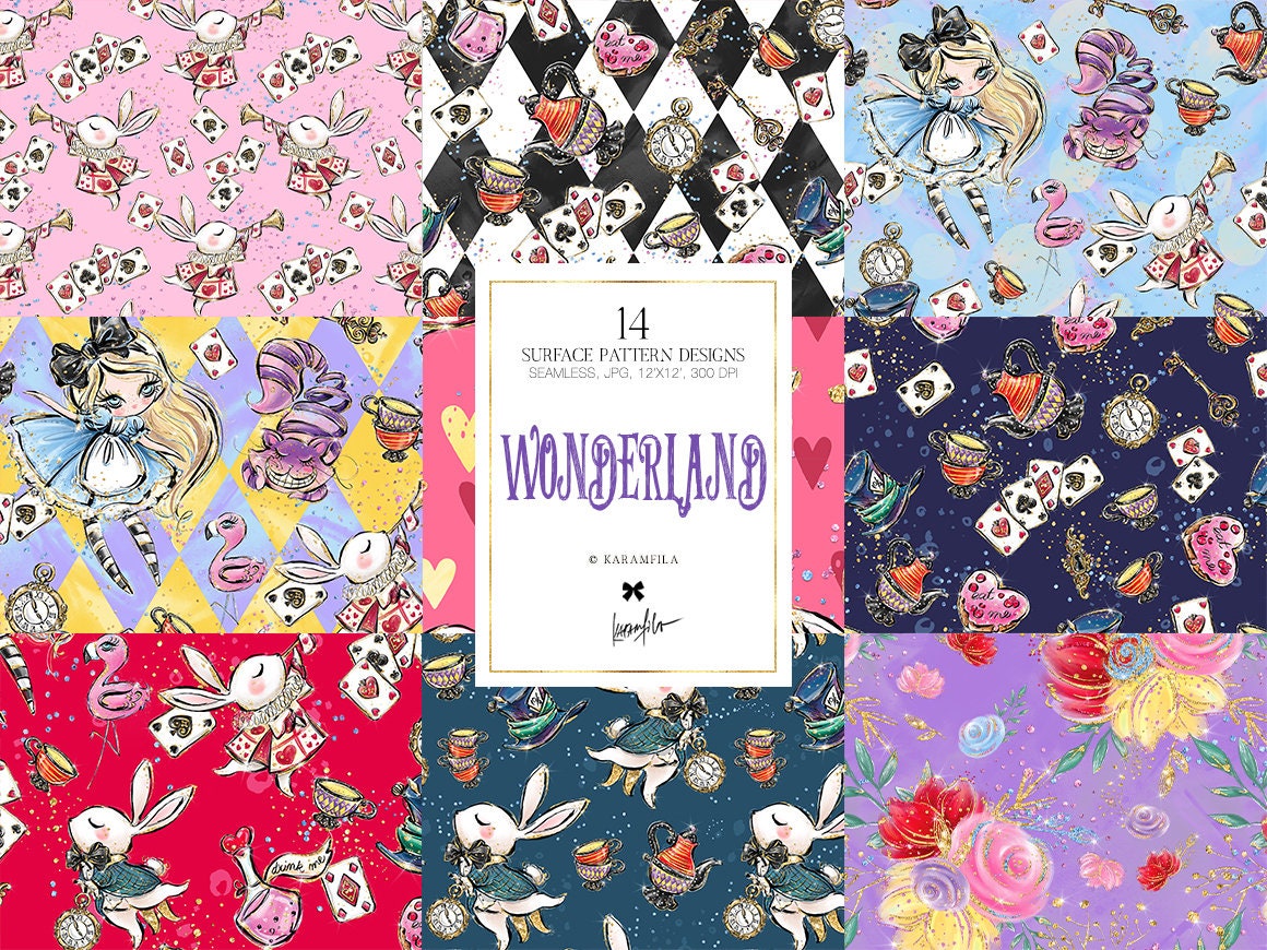 Karamfila's Alice in Wonderland Digital Paper, Cheshire Cat Patte…