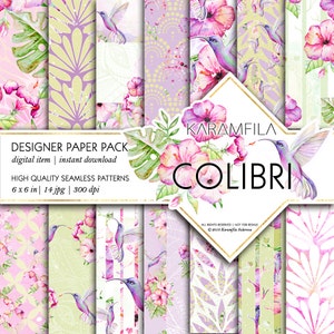 Tropical Digital Paper, Hummingbird Patterns, Hawaii Planner Stickers, Watercolor Backgrounds, Summer Flowers Custom Fabric Patterns.