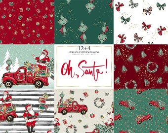 Santa Claus Christmas Digital Paper, Xmas Surface Patterns, Christmas Truck Planner Stickers, Fabrics Sublimation Printing.