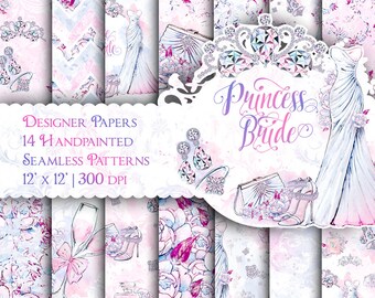 Watercolor Wedding Digital Paper Seamless Patterns Backgrounds Handpainted Printable Romantic Floral Fashion Paper Pack DIY Planner Supplies