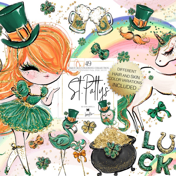 Karamfila's St Patrick's Day Clipart. Rainbows & Unicorns Clipart, Flamingo Owl Planner Stickers. St Patty's Fabrics.