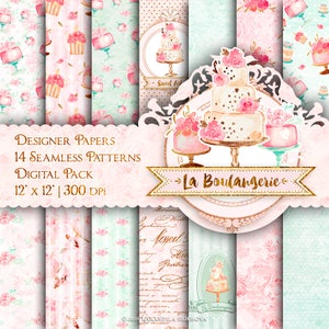 Bakery Digital Paper Pack Watercolor Handpainted Paper Seamless Patterns Printable Wedding Cakes Clipart Cute Backgrounds Mint Gold DIY Pack