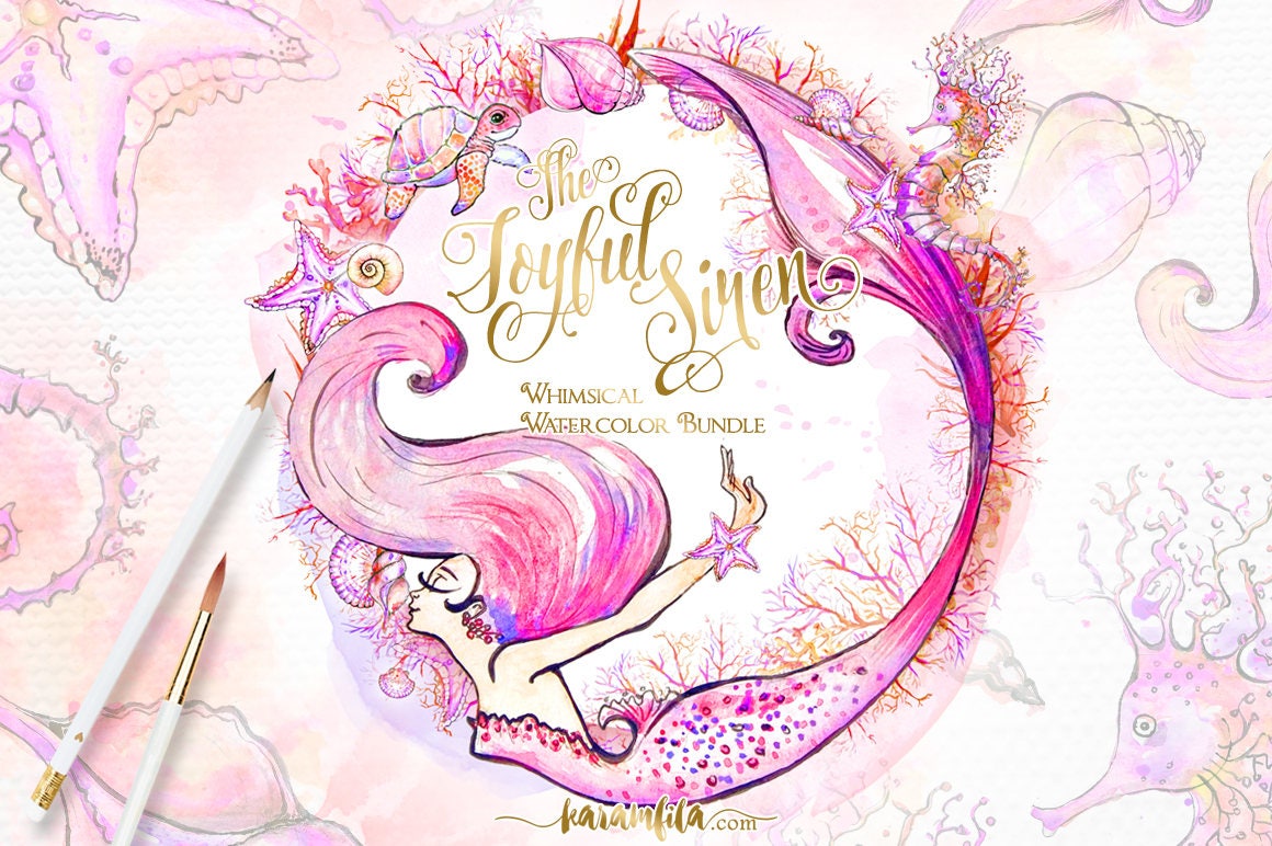 Watercolor Mermaid Clipart, Summer Clipart Starfish Seahorse Illustra…