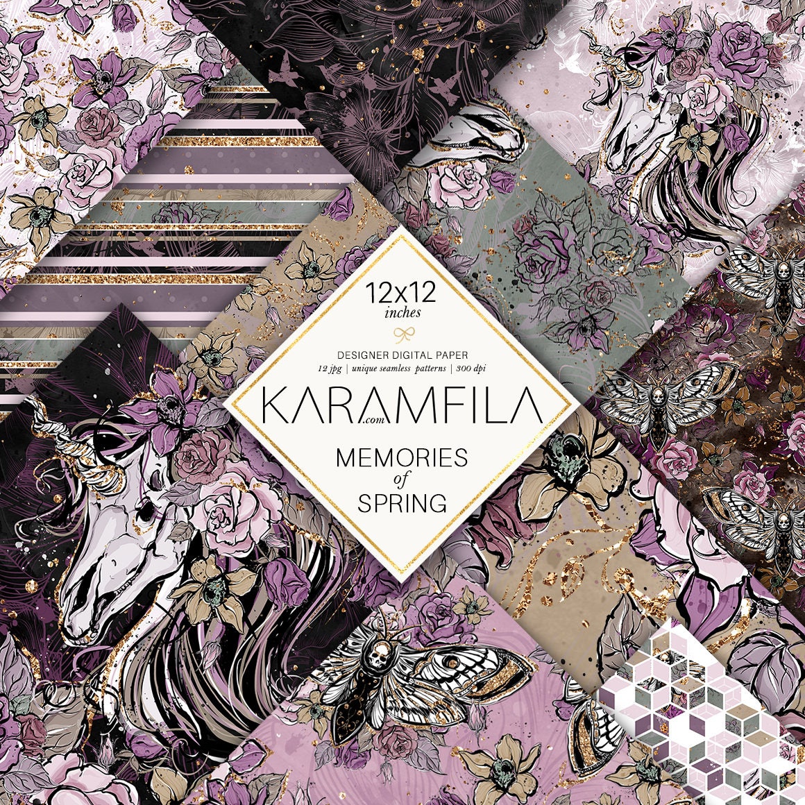 Unicorn Skulls Digital Paper, Spring Butterflies Paper, Gothic Skelet…