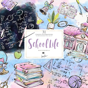 School Clipart, Karamfila's Back to School Planner Stickers Clipart, Glitter Pastel Back to School Print on Demand Illustrations.