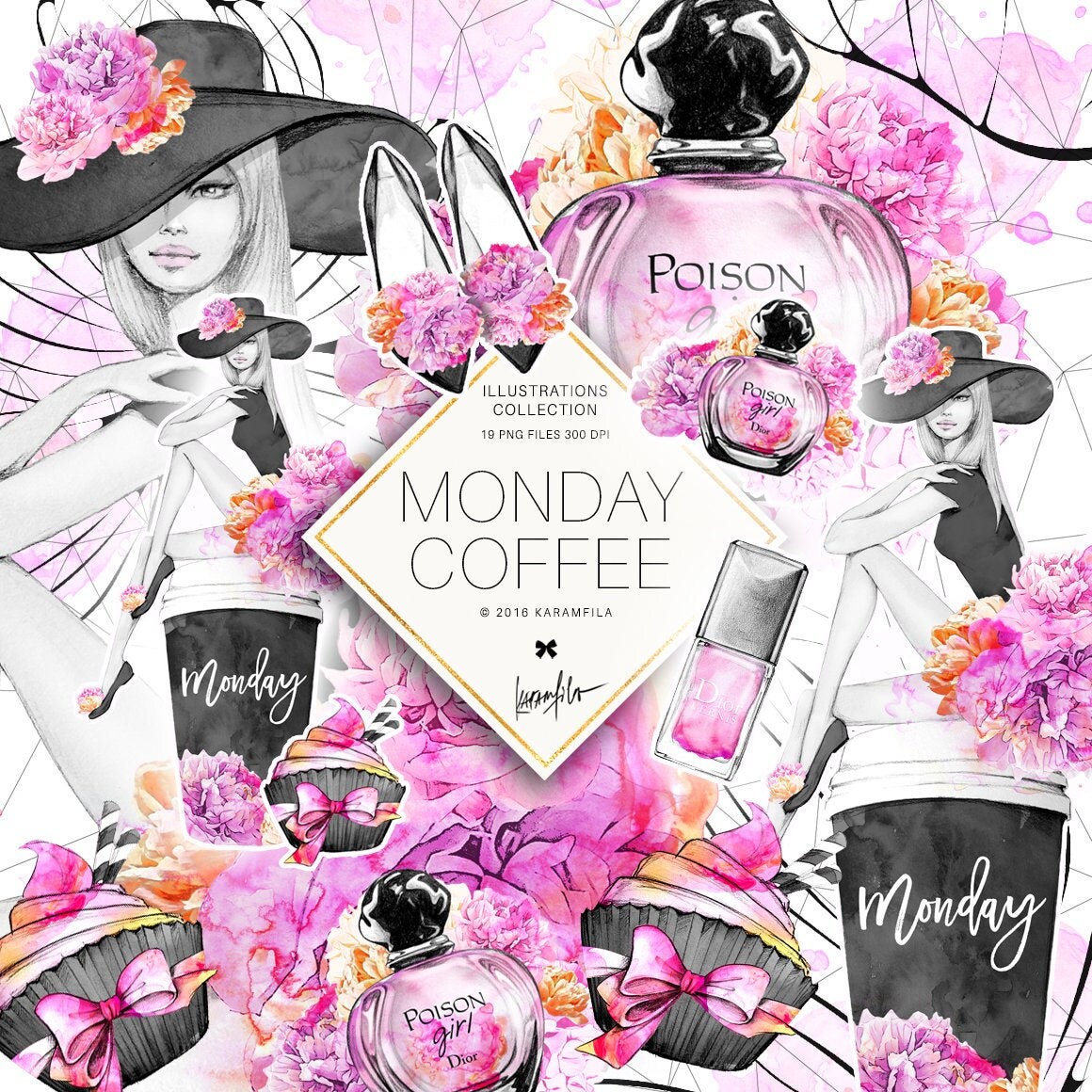 Monday Coffee Clipart, Fashion Clipart, Cupcake Clipart Planner DIY B…