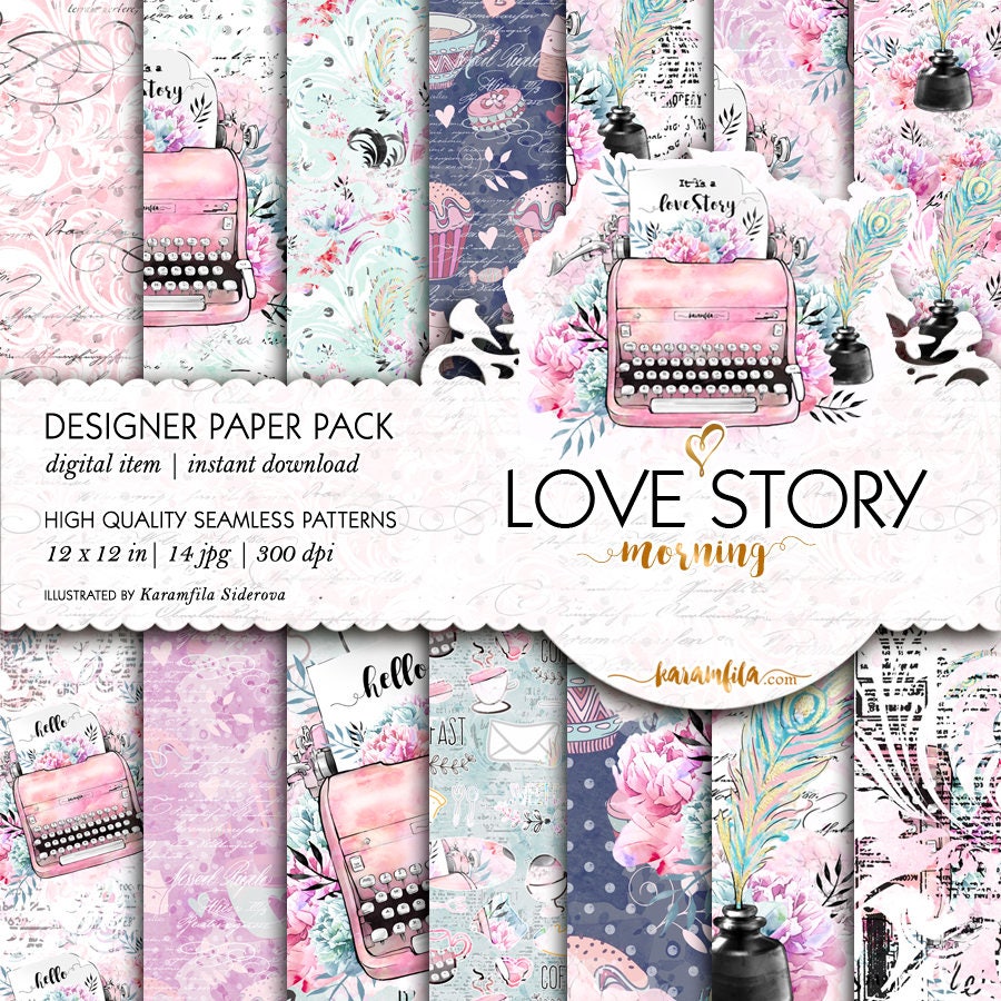 Vintage Typewriter Paper Pack Romantic Digital Backgrounds Ink-Pot Pe…