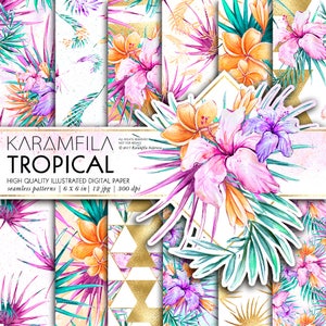 Tropical Digital Paper Summer Digital Paper Floral Seamless Patterns Palm Leaves Gold Foil Pink Hibiscus Planner Paper Printable Stickers