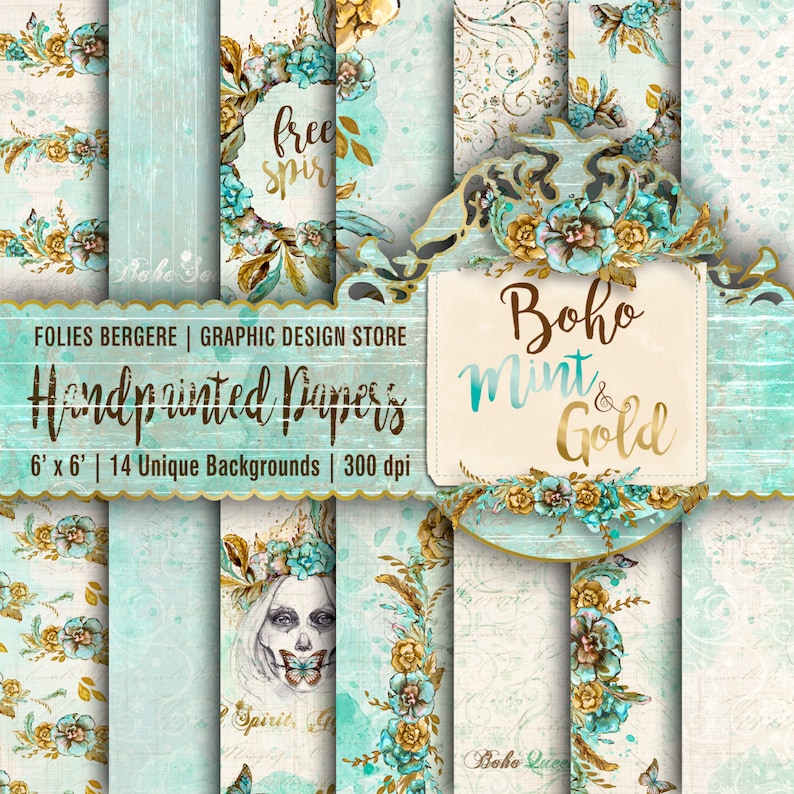 Boho Paper Pack Mint Gold Digital Paper Summer Scrapbook Etsy Boho Paper Pack Mint Gold Digital Paper Summer Scrapbook Etsy