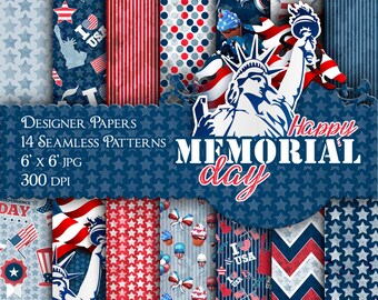 4th of July Digital Paper Memorial Day Seamless Patterns Happy Independence Day Printable Backgrounds USA Flag American Red Patriotic DIY