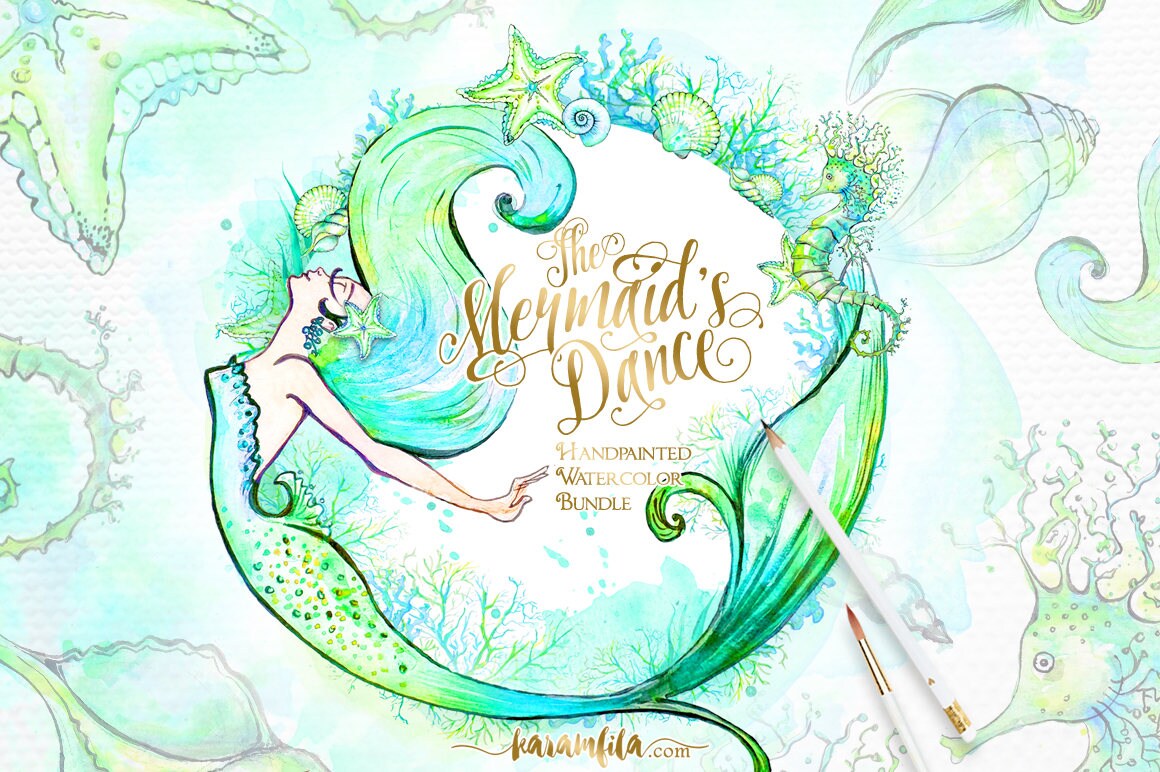Mermaid Clipart, Summer Clipart Watercolor Sea Beach Wreath Underwate…